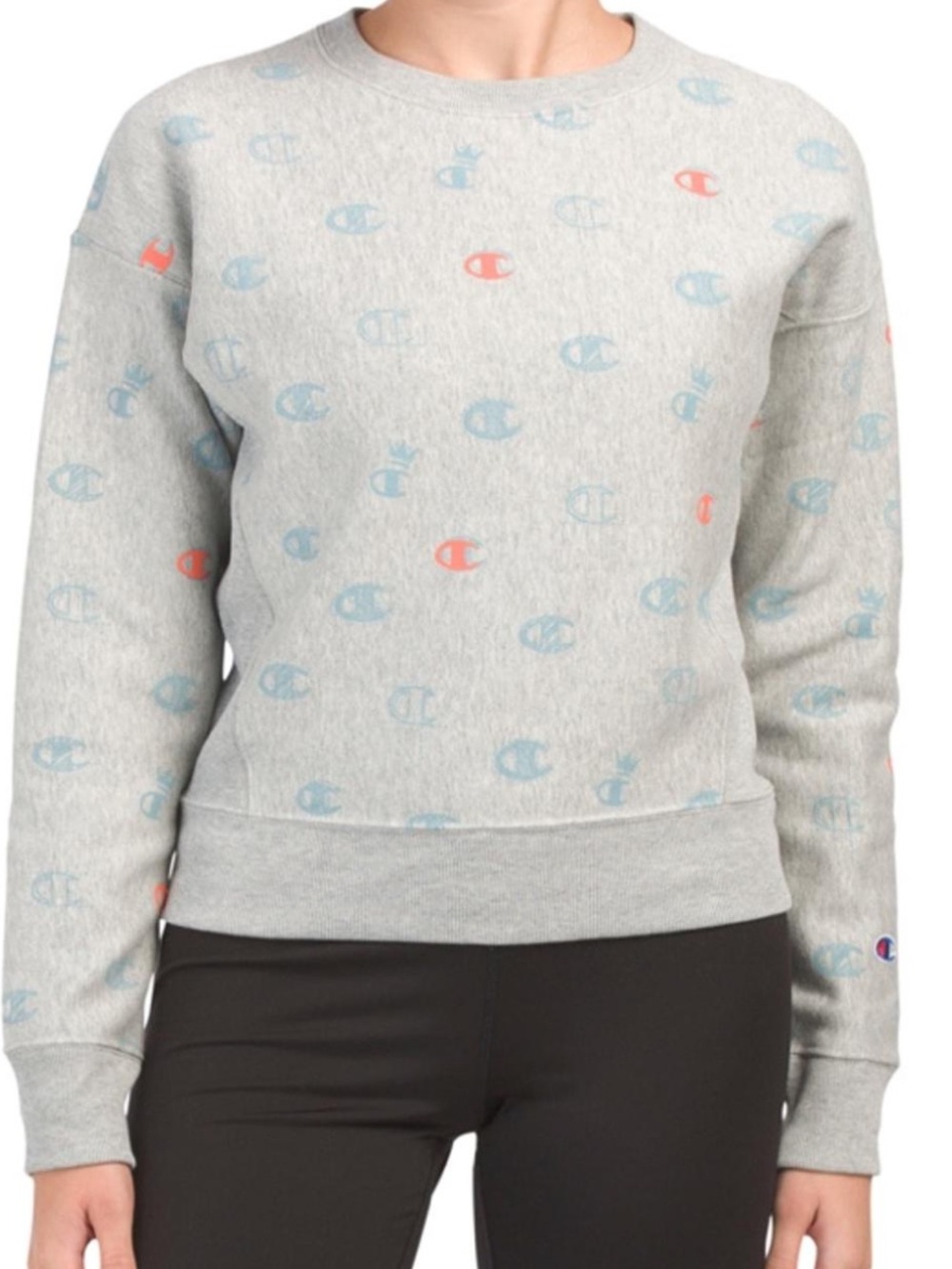 Champion Light Gray Crewneck with Blue and Coral Logo Print
